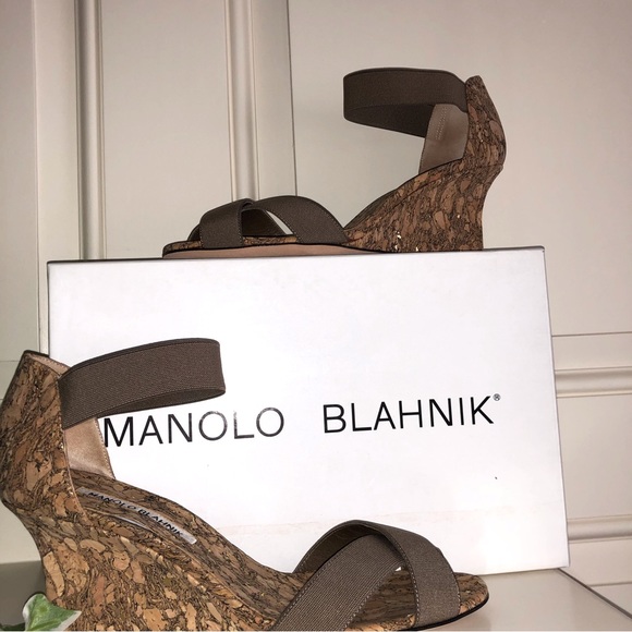 Manolo Blahnik Taupe Wedge Elastic Strap Espadrilles New Size 38 - Picture 10 of 10